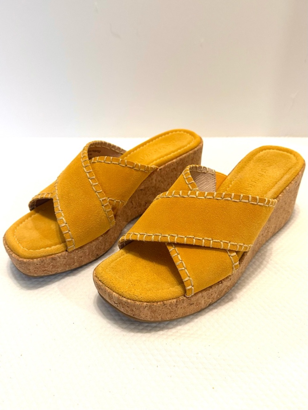Donald J. Pliner Jocelyn Golden Yellow Suede Cork Wedge Slide Sandals NWOT